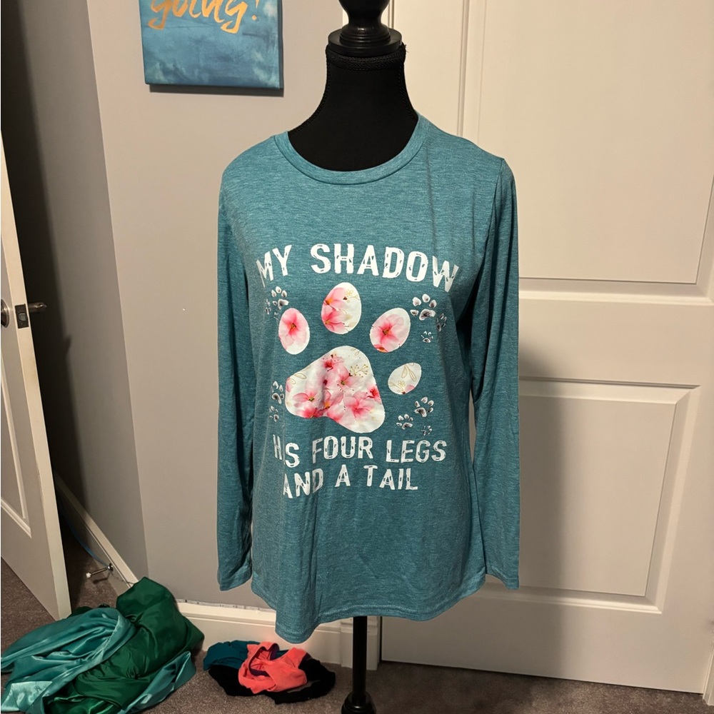 Blue Long Sleeve Relaxed Tee with Pink Paw Print